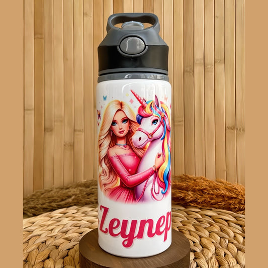 Unicorn Prenses Temalı İsme Özel Alüminyum Pipetli Suluk Matara 650 ml