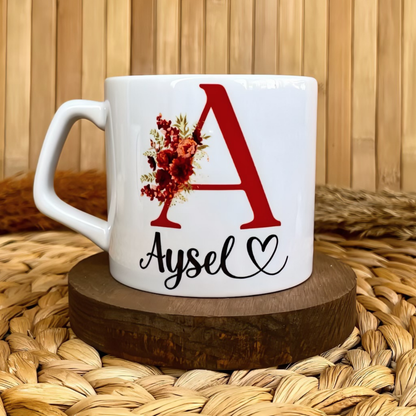 Kırmızı Çiçekli Harf Temalı Kişiye Özel Lüks Kupa