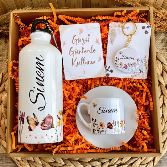 Gün Batımı Çiçekleri – Kancalı Kapaklı Matara & Türk Kahvesi Fincanı Hediye Kutusu