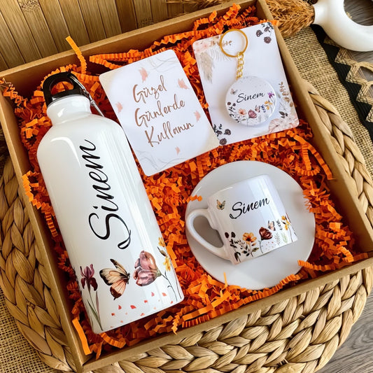 Gün Batımı Çiçekleri – Kancalı Kapaklı Matara & Türk Kahvesi Fincanı Hediye Kutusu