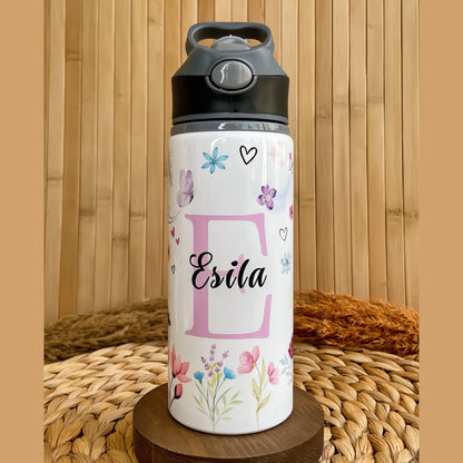 Çiçekli Unicorn Temalı İsme Özel Alüminyum Pipetli Suluk Matara 650 ml