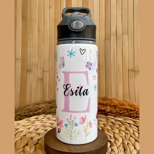 Çiçekli Unicorn Temalı İsme Özel Alüminyum Pipetli Suluk Matara 650 ml