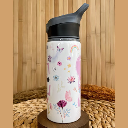 Çiçekli Unicorn Temalı İsme Özel Alüminyum Pipetli Suluk Matara 650 ml