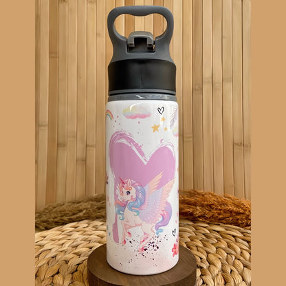 Çiçekli Unicorn Temalı İsme Özel Alüminyum Pipetli Suluk Matara 650 ml