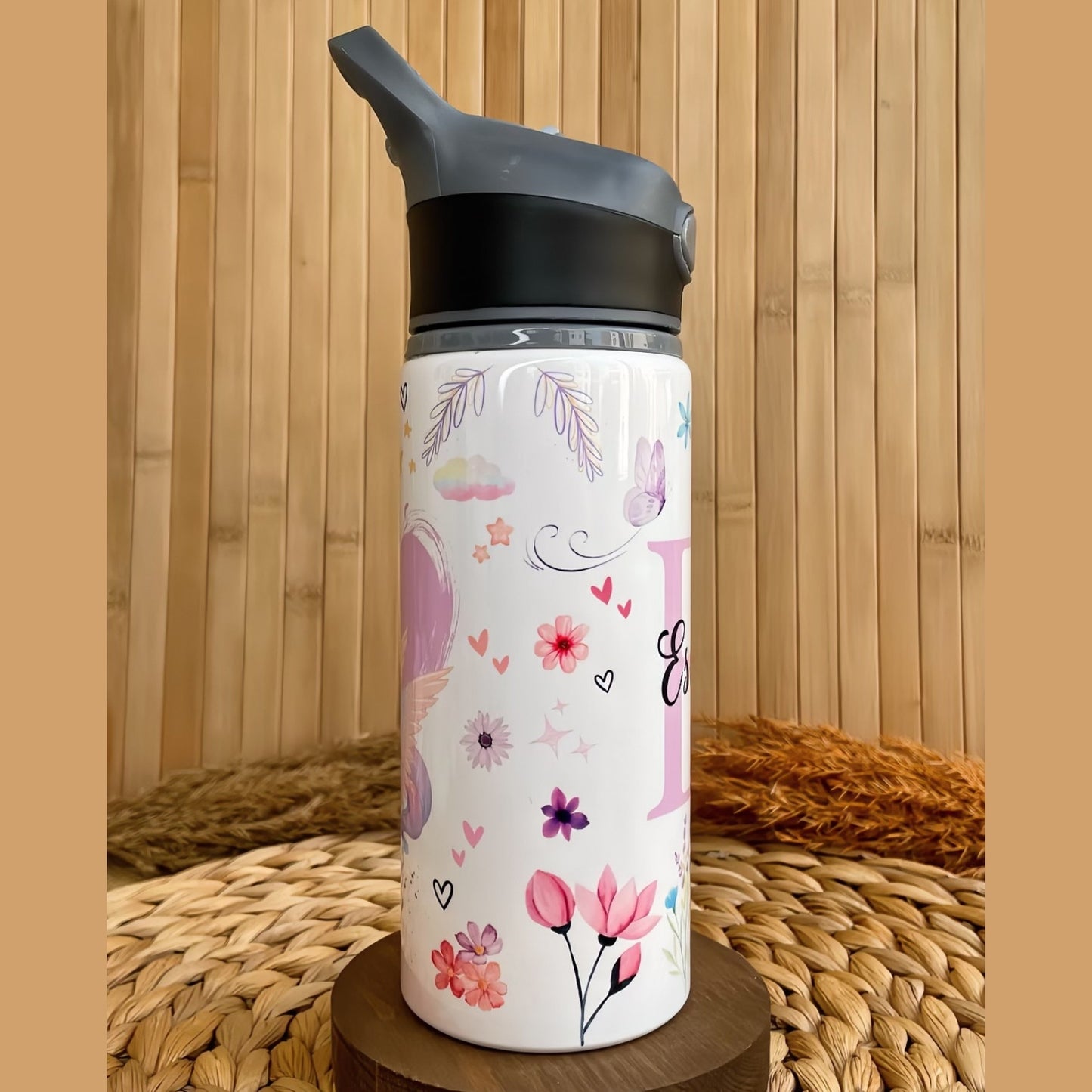 Çiçekli Unicorn Temalı İsme Özel Alüminyum Pipetli Suluk Matara 650 ml