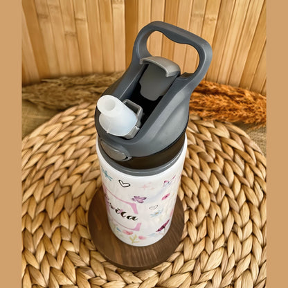 Çiçekli Unicorn Temalı İsme Özel Alüminyum Pipetli Suluk Matara 650 ml