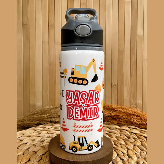 İş Makineleri ve İnşaat Temalı İsme Özel Alüminyum Pipetli Suluk Matara 650 ml