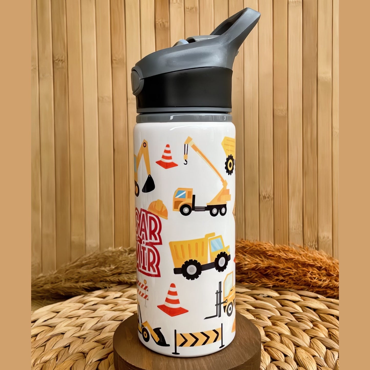 İş Makineleri ve İnşaat Temalı İsme Özel Alüminyum Pipetli Suluk Matara 650 ml