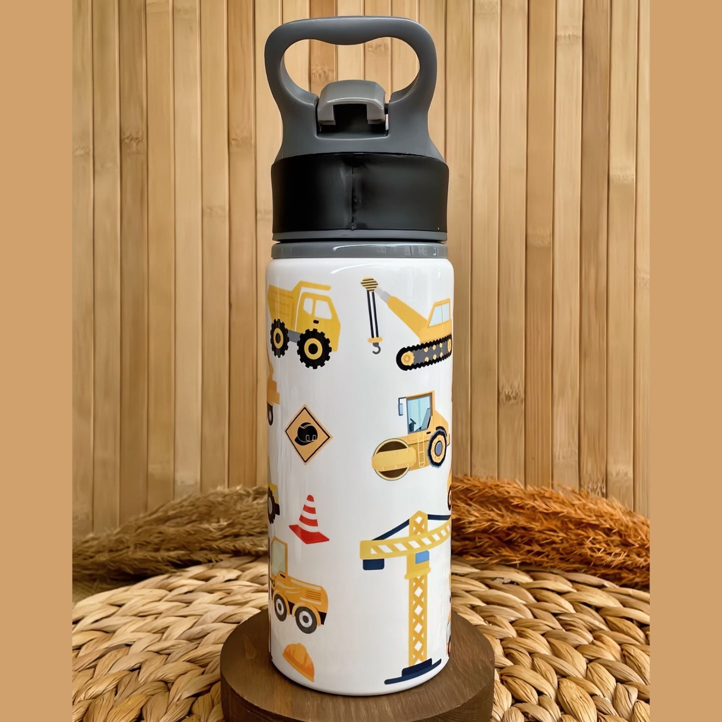 İş Makineleri ve İnşaat Temalı İsme Özel Alüminyum Pipetli Suluk Matara 650 ml