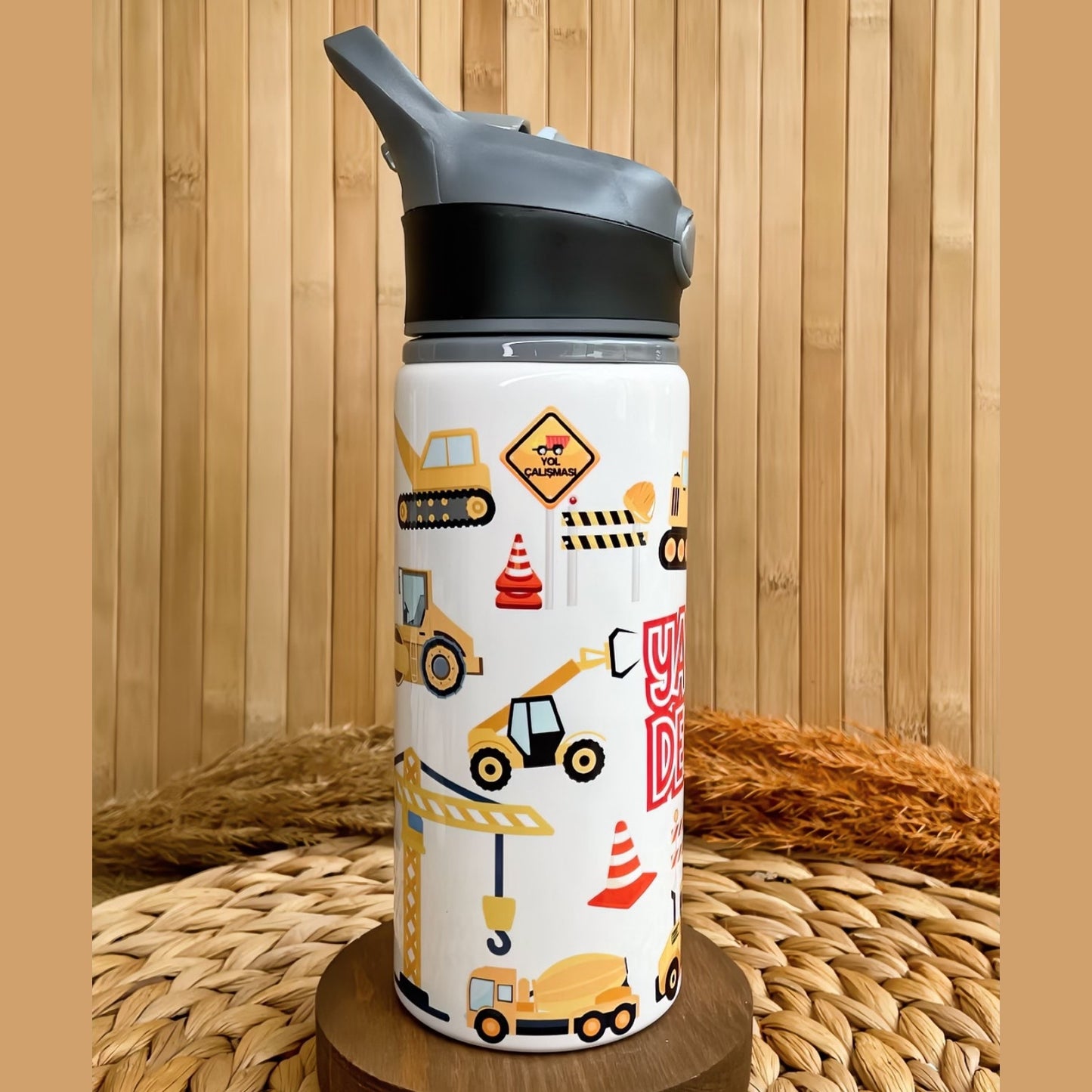 İş Makineleri ve İnşaat Temalı İsme Özel Alüminyum Pipetli Suluk Matara 650 ml