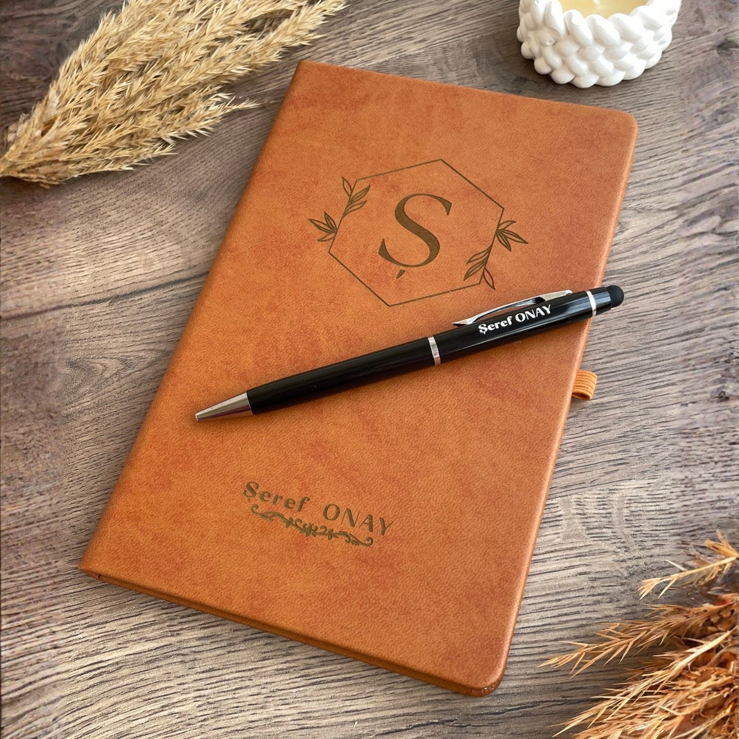 İsme Özel Kahverengi Deri Defter ve Kalem Seti