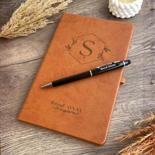 İsme Özel Kahverengi Deri Defter ve Kalem Seti