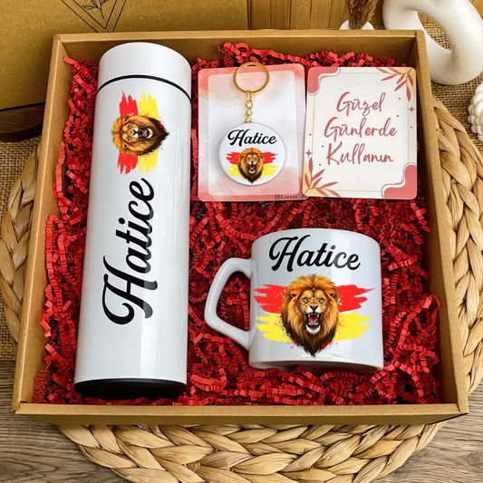 İsme Özel Sarı Kırmızı Taraftar Temalı Çelik Termos & Lüks Kupa ve Anahtarlık Hediye Kutusu