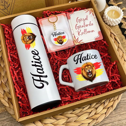 İsme Özel Sarı Kırmızı Taraftar Temalı Çelik Termos & Lüks Kupa ve Anahtarlık Hediye Kutusu