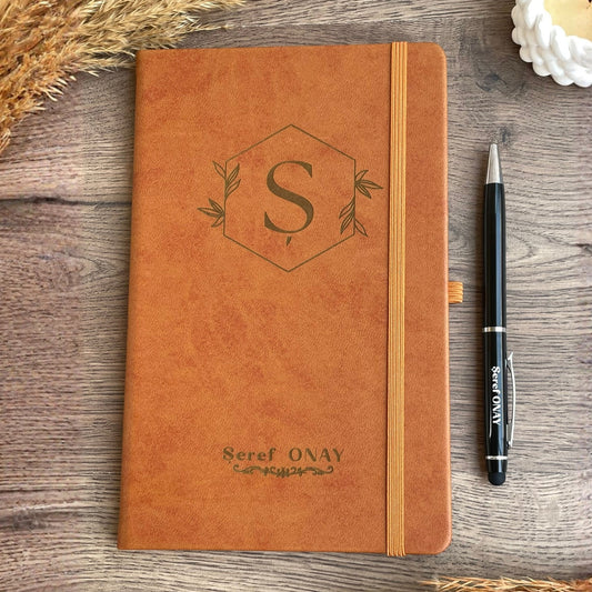 İsme Özel Kahverengi Deri Defter ve Kalem Seti