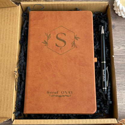 İsme Özel Kahverengi Deri Defter ve Kalem Seti