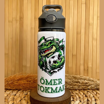 Yeşil Beyaz Taraftar Temalı İsme Özel Alüminyum Pipetli Suluk Matara 650 ml