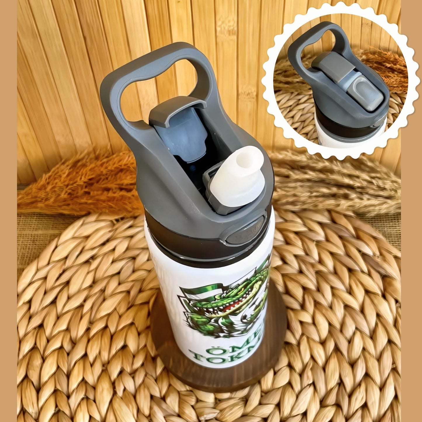 Yeşil Beyaz Taraftar Temalı İsme Özel Alüminyum Pipetli Suluk Matara 650 ml