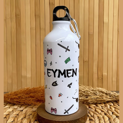Oyun Temalı - İsme Özel Alüminyum Kancalı Kapaklı Suluk Matara 600 ml