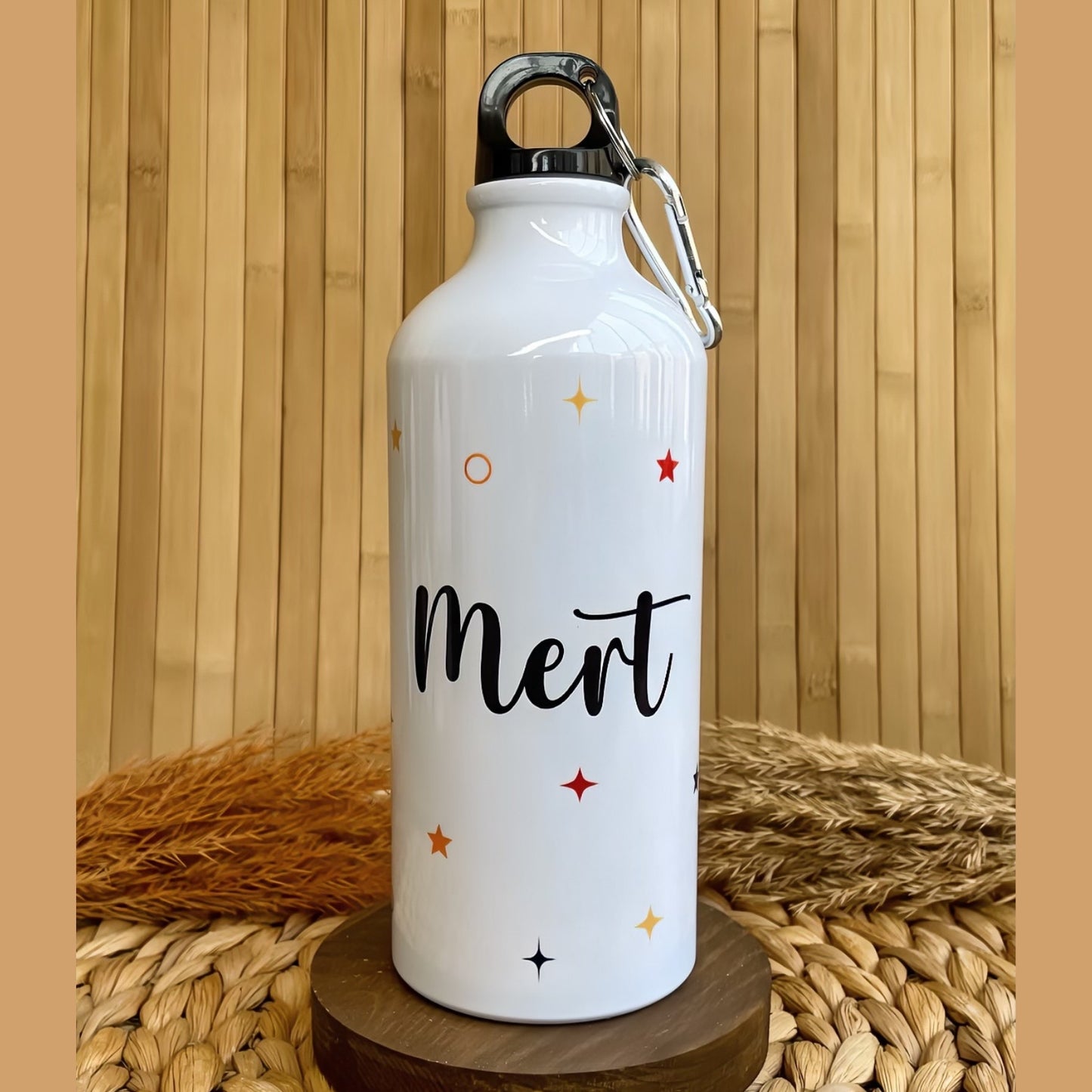 Yıldız Temalı İsme Özel Alüminyum Kancalı Kapaklı Suluk Matara 600 ml