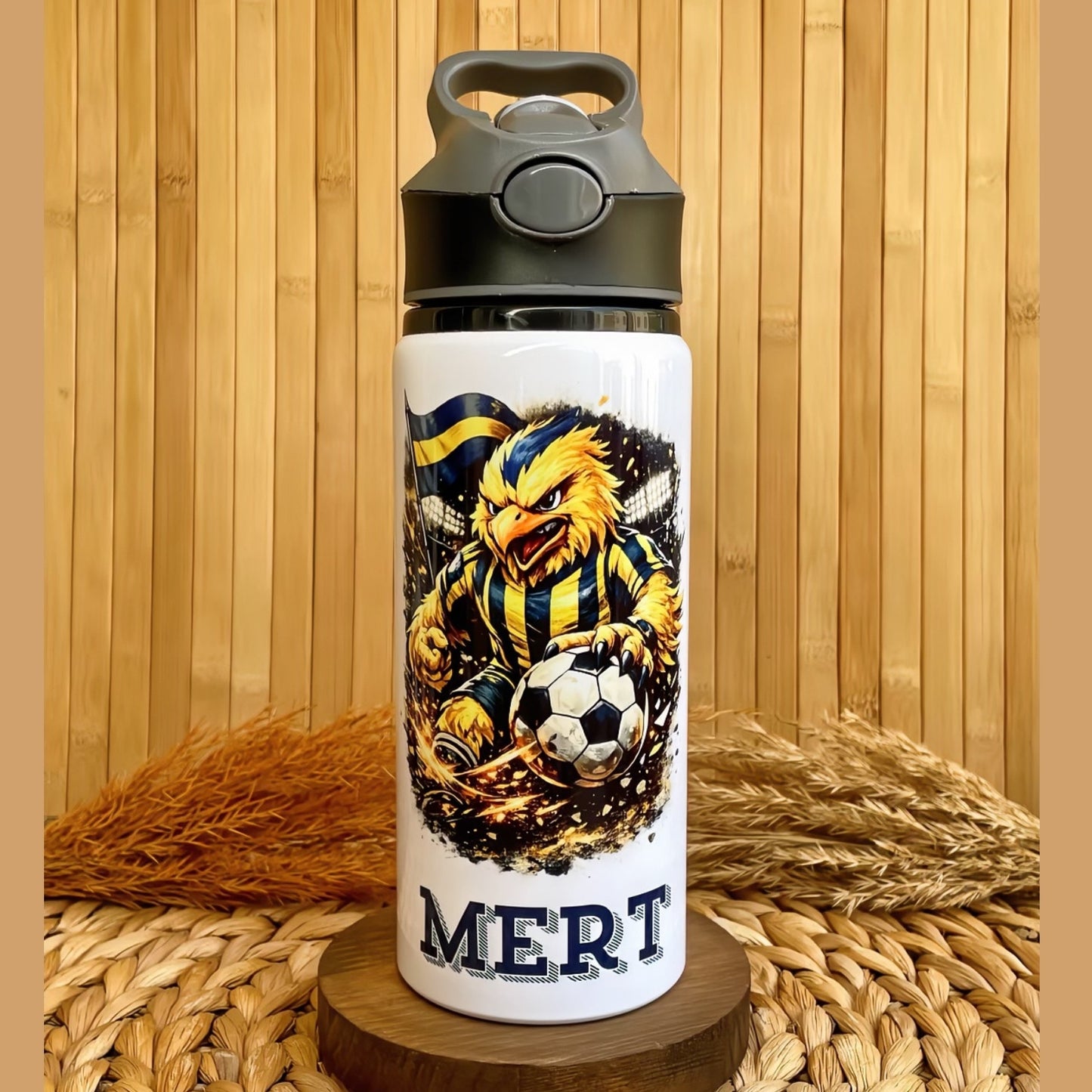 Sarı Lacivert Taraftar Temalı İsme Özel Alüminyum Pipetli Suluk Matara 650 ml