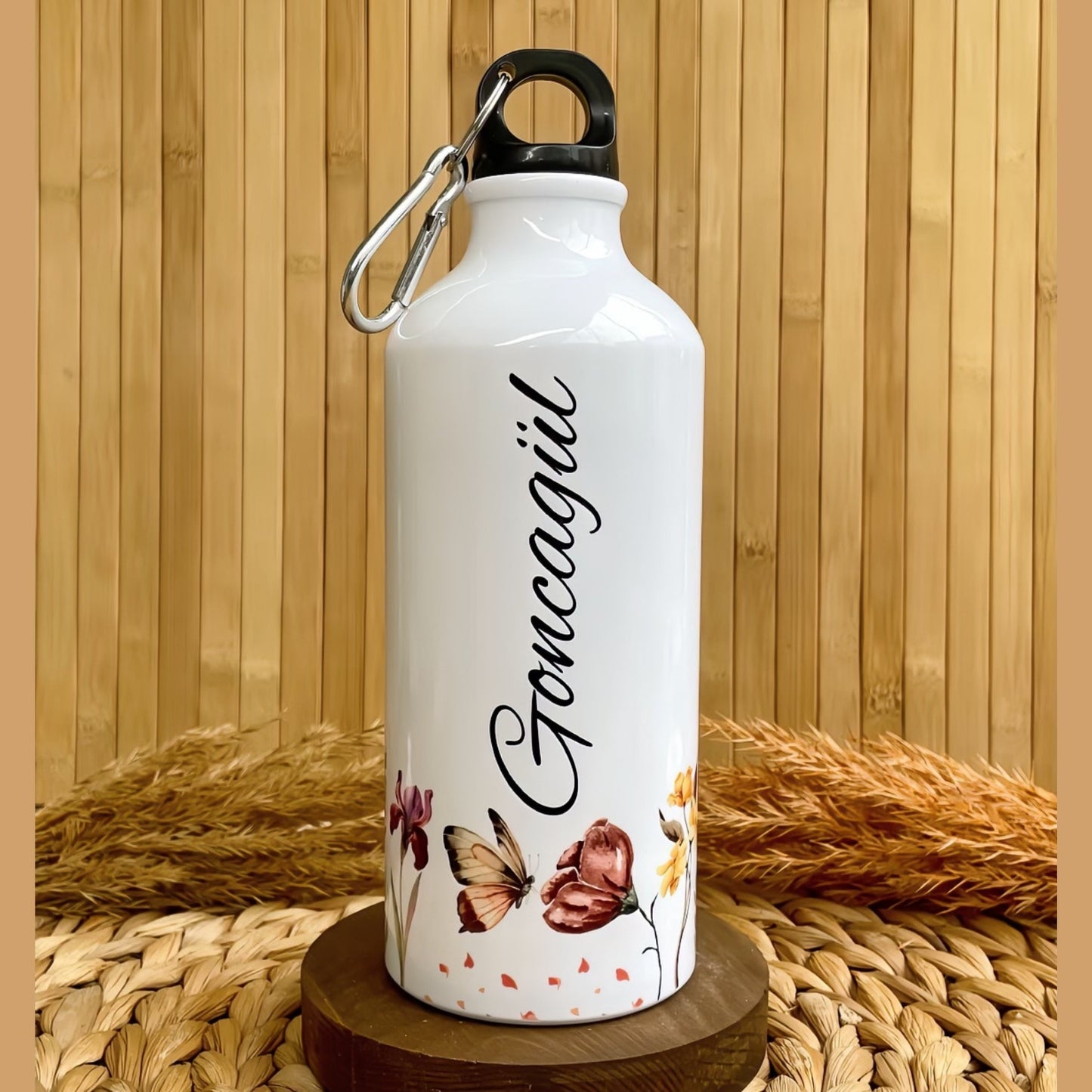 Gün Batımı Çiçekleri - İsme Özel Alüminyum Kancalı Kapaklı Suluk Matara 600 ml