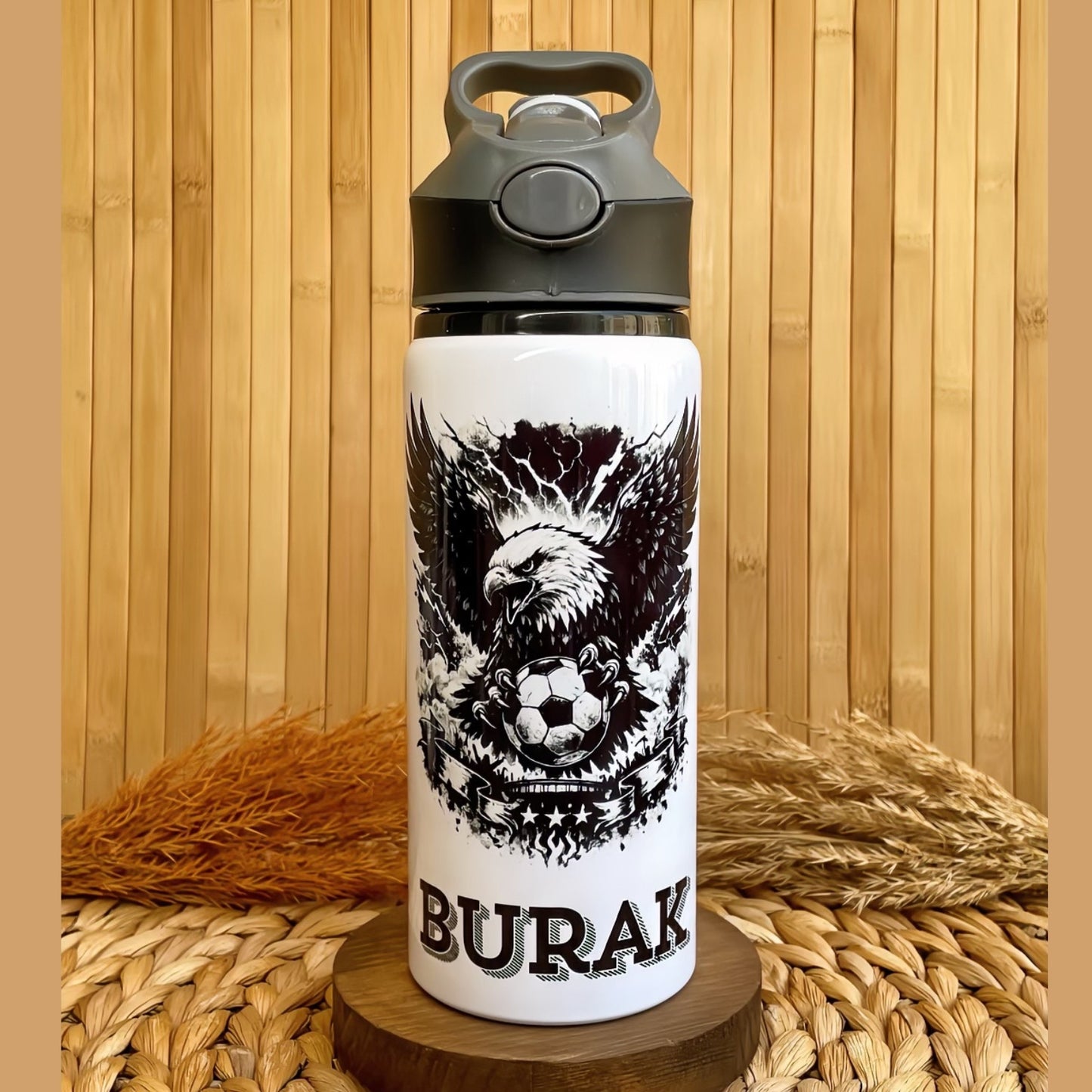 Siyah Beyaz Taraftar Temalı İsme Özel Alüminyum Pipetli Suluk Matara 650 ml