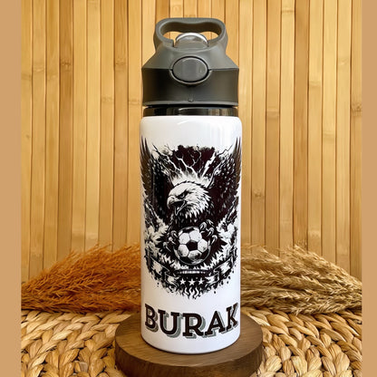 Siyah Beyaz Taraftar Temalı İsme Özel Alüminyum Pipetli Suluk Matara 650 ml