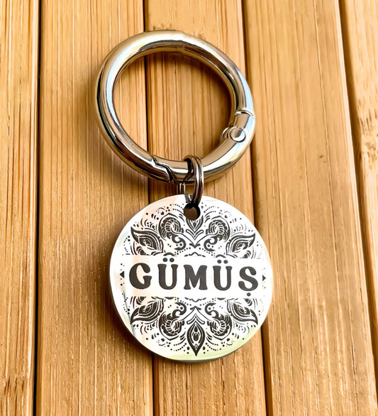 İsme Özel Çelik Kedi Köpek İsimlik Künyesi - Rangoli Desenli Gümüş (Silver)