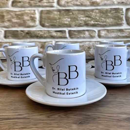 Firma Logosu Baskılı 6'lı Beyaz Türk Kahvesi Fincanı Seti