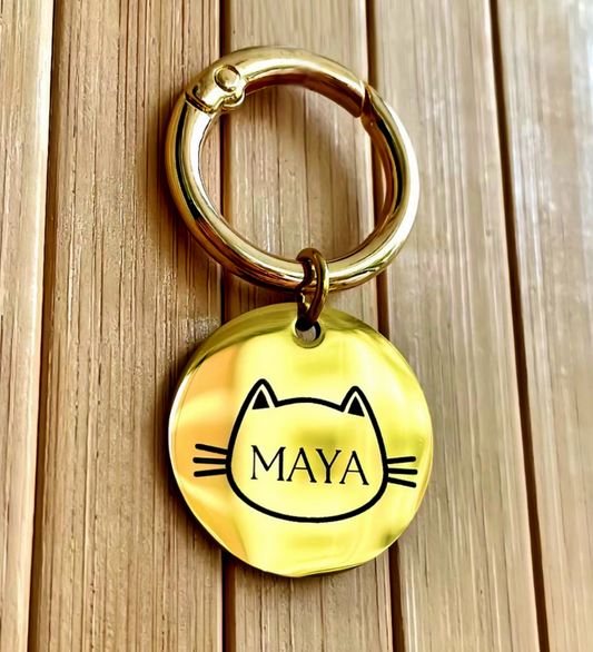 İsme Özel Çelik Kedi Temalı İsimlik Künyesi - Altın (Gold)