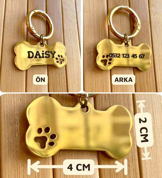İsme Özel Çelik Kedi Köpek İsimlik Künyesi - Altın (Gold)