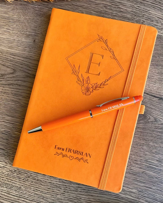 İsme Özel Turuncu Deri Defter ve Kalem Seti