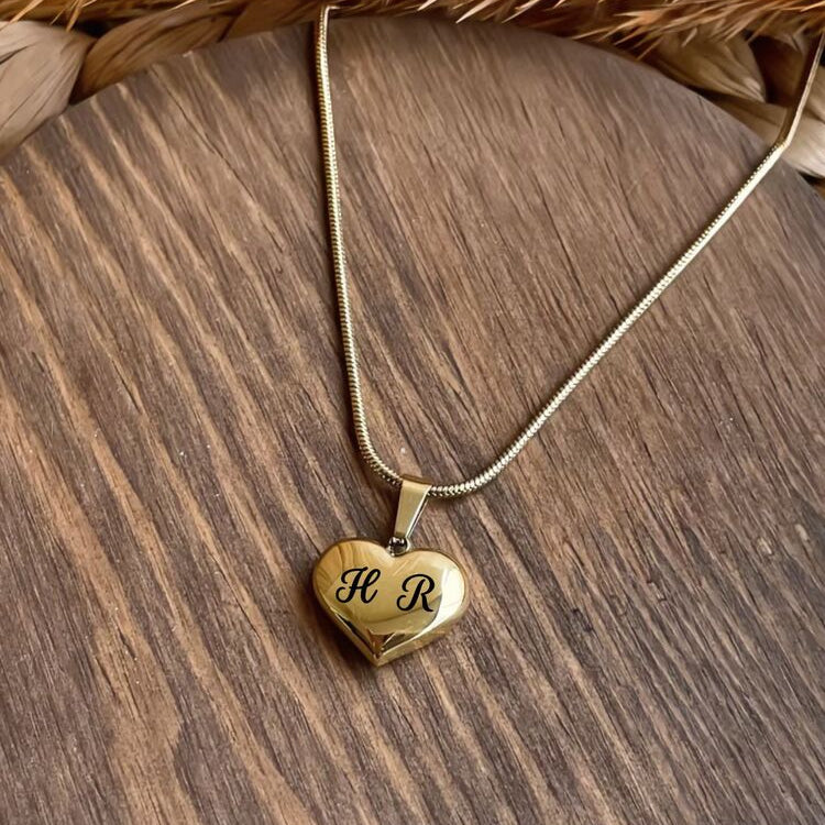 Kişiye Özel Çift Harf Detaylı Çelik Gold Kalp Kolye