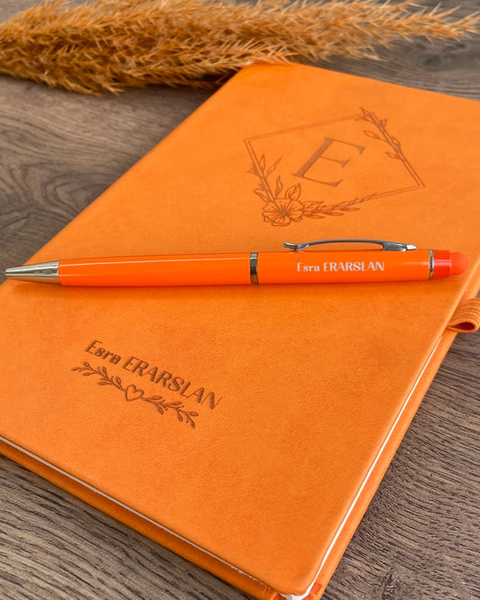 İsme Özel Turuncu Deri Defter ve Kalem Seti