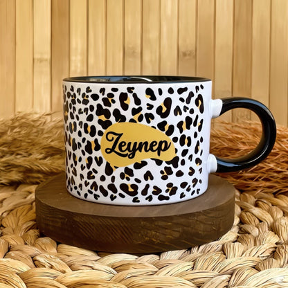 Leopar Temalı Kişiye Özel Elit Kupa Siyah Kulplu