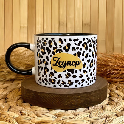 Leopar Temalı Kişiye Özel Elit Kupa Siyah Kulplu