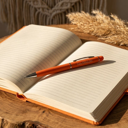 İsme Özel Turuncu Deri Defter ve Kalem Seti