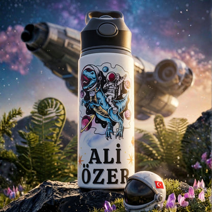 Uzay Astronot Dinozor Temalı İsme Özel Alüminyum Pipetli Suluk Matara 650 ml