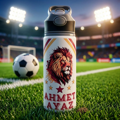 Sarı Kırmızı Taraftar Temalı İsme Özel Alüminyum Pipetli Suluk Matara 650 ml