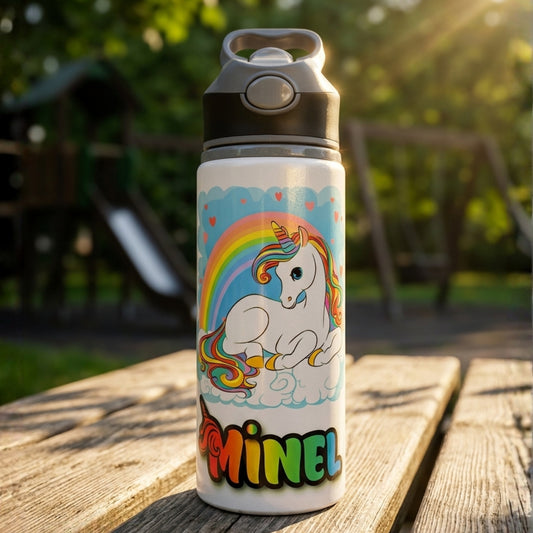 Unicorn Gökkuşağı Temalı İsme Özel Alüminyum Pipetli Suluk Matara 650 ml
