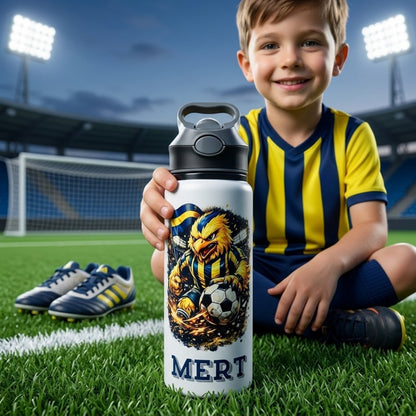 Sarı Lacivert Taraftar Temalı İsme Özel Alüminyum Pipetli Suluk Matara 650 ml