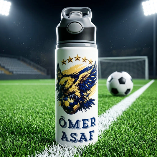 Sarı Lacivert Taraftar Temalı İsme Özel Alüminyum Pipetli Suluk Matara 650 ml