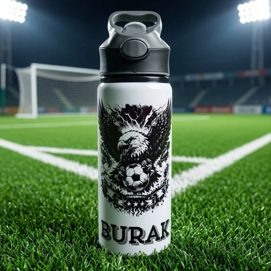 Siyah Beyaz Taraftar Temalı İsme Özel Alüminyum Pipetli Suluk Matara 650 ml
