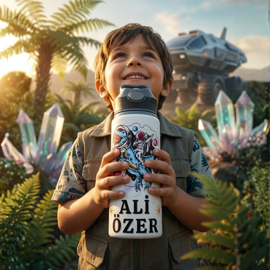 Uzay Astronot Dinozor Temalı İsme Özel Alüminyum Pipetli Suluk Matara 650 ml