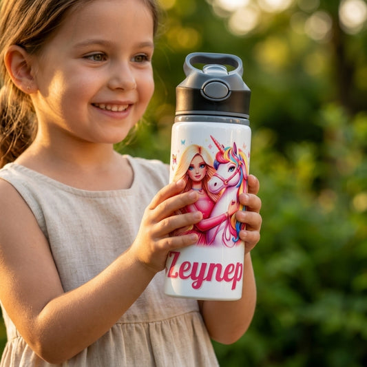 Unicorn Prenses Temalı İsme Özel Alüminyum Pipetli Suluk Matara 650 ml