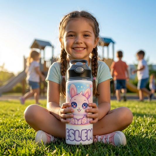 Minik Sevimli Tavşan Temalı İsme Özel Alüminyum Pipetli Suluk Matara 650 ml
