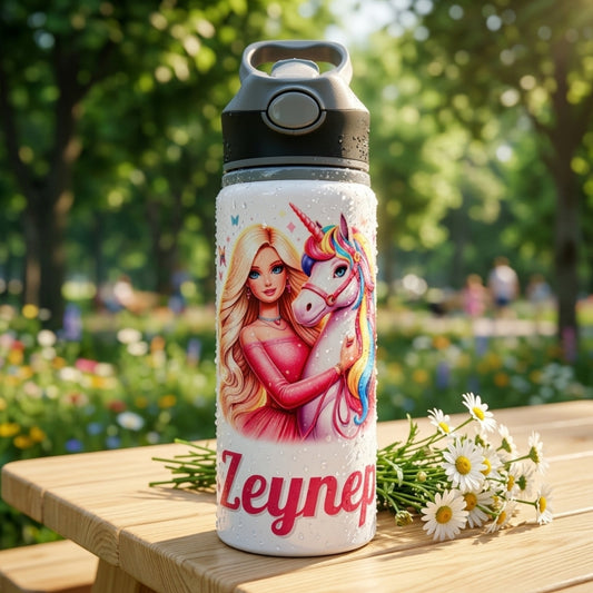 Unicorn Prenses Temalı İsme Özel Alüminyum Pipetli Suluk Matara 650 ml