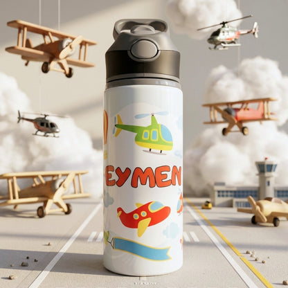 Hava Araçları Uçak Helikopter Temalı İsme Özel Alüminyum Pipetli Suluk Matara 650 ml