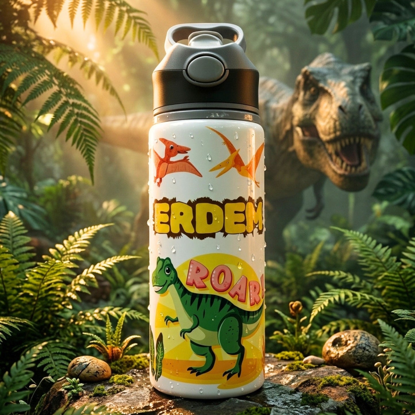 Dinozor Temalı İsme Özel Alüminyum Pipetli Suluk Matara 650 ml